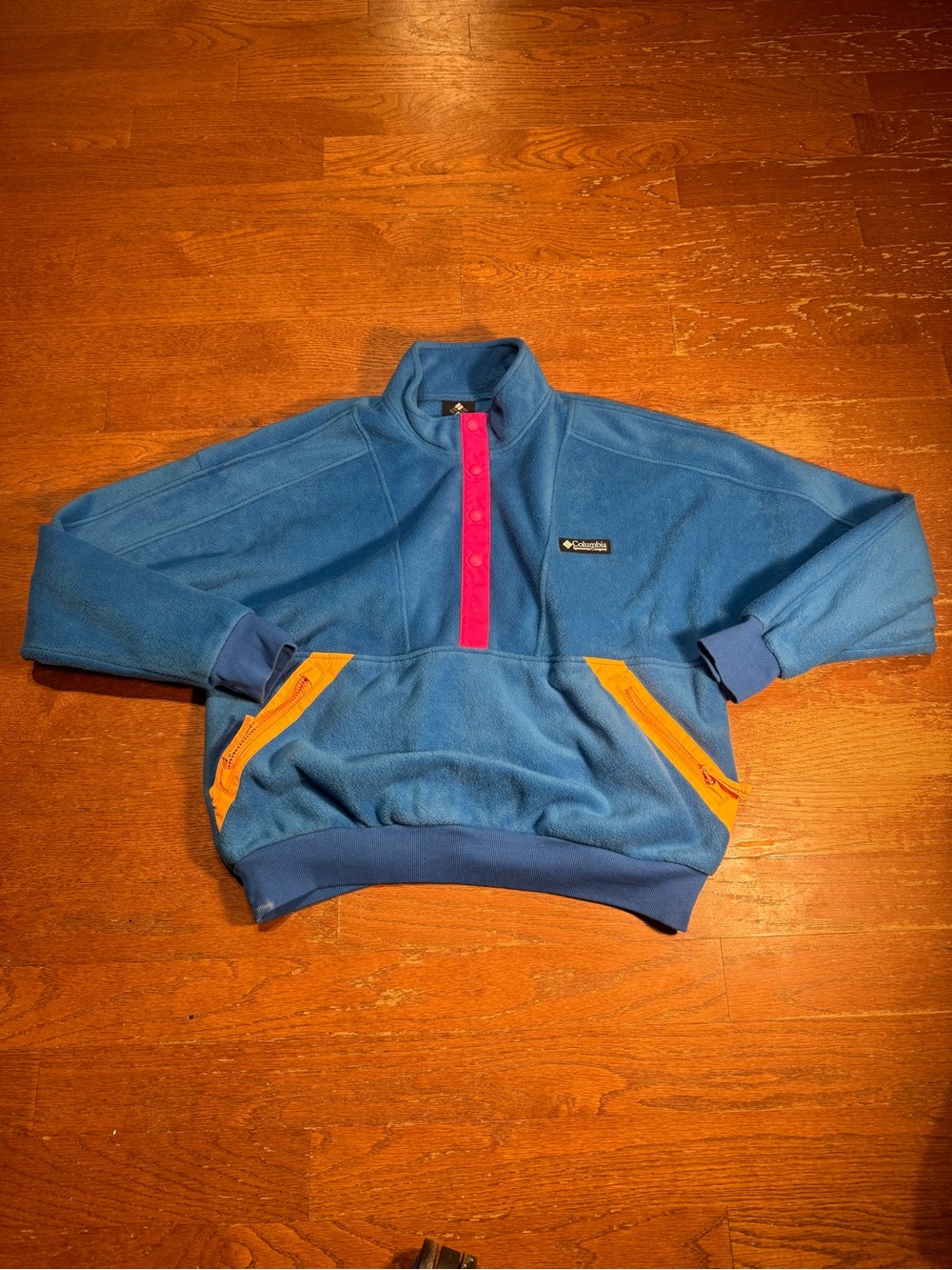 Columbia Blue Fleece Pullover with Pink Placket & Orange Zippers